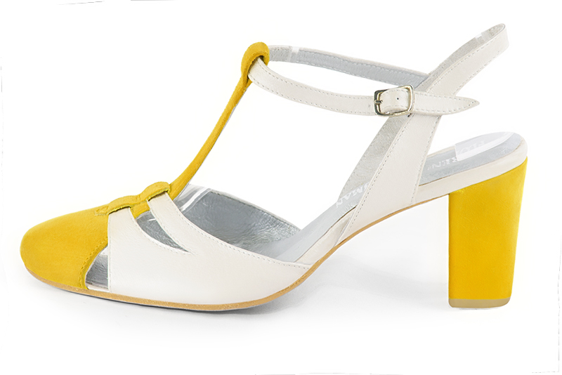 Yellow and off white women's open back T-strap shoes. Round toe. High block heels. Profile view - Florence KOOIJMAN